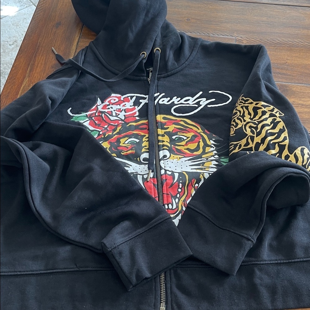 Ed Hardy tiger Women's zip Up cropped Hoodie sweatshirt black size 2X - Picture 12 of 15